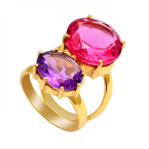 Pink Quartz Amethyst Gemstone 925 Sterling Silver Gold Plated Ring 