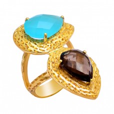 Aqua Chalcedony Smoky Quartz Gemstone 925 Sterling Silver Gold Plated Ring