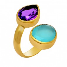 Amethyst Aqua Chalcedony Gemstone 925 Sterling Silver Gold Plated Ring