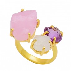 Chalcedony Moonstone Amethyst 925 Sterling Silver Gold Plated Ring