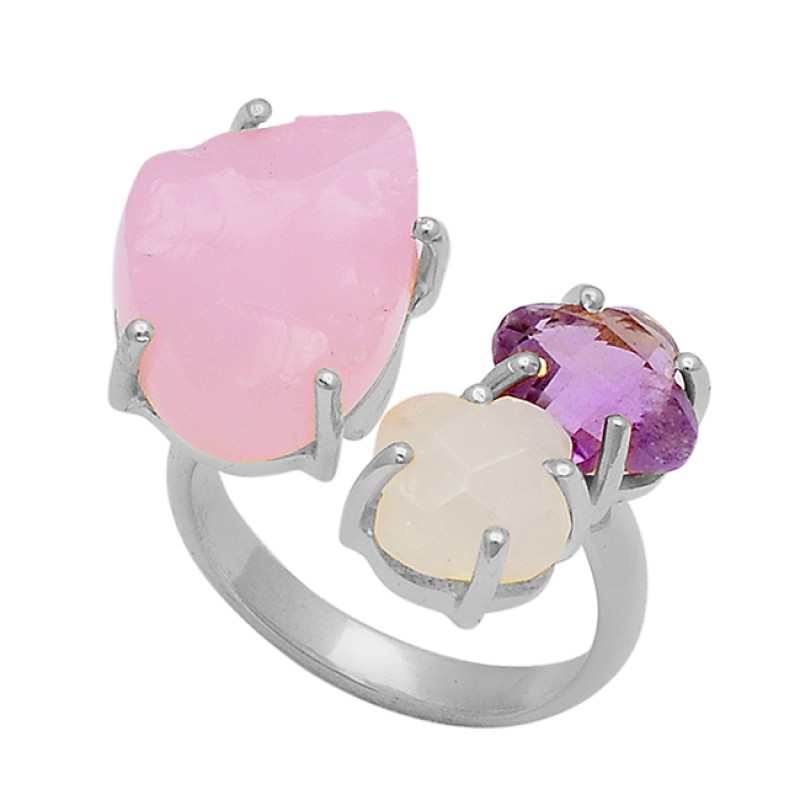 Chalcedony Moonstone Amethyst 925 Sterling Silver Gold Plated Ring