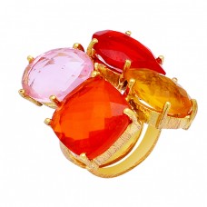 Citrine Red Pink Fanta Color Quartz Gemstone Prong Setting Gold Plated Ring