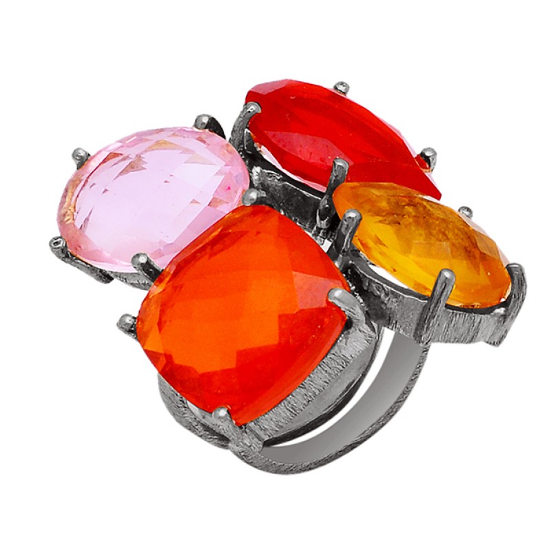 Citrine Red Pink Fanta Color Quartz Gemstone Prong Setting Gold Plated Ring