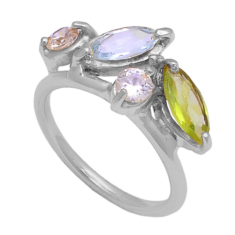 Peridot Blue Topaz Cz Gemstone 925 Sterling Silver Gold Plated Ring