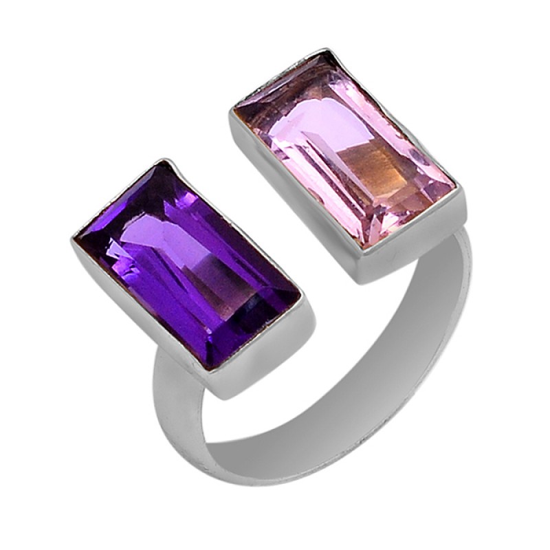 Faceted Rectangle Shape Amethyst Gemstone 925 Silver Gold Plated Ring