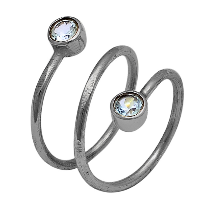 Round Shape Blue Topaz Gemstone 925 Sterling Silver Gold Plated Ring