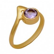 Faceted Round Shape Amethyst Gemstone 925 Silver Gold Plated Ring