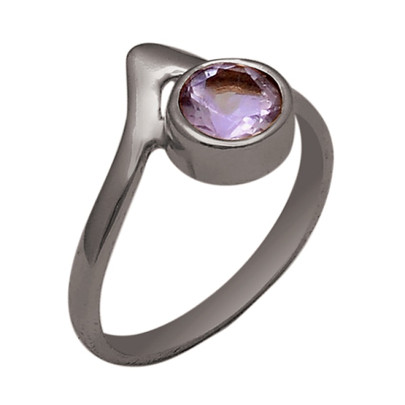 Faceted Round Shape Amethyst Gemstone 925 Silver Gold Plated Ring