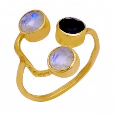 Black Onyx Rainbow Moonstone 925 Sterling Silver Gold Plated Band Ring