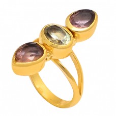 Oval Pear Shape Amethyst Gemstone 925 Sterling Silver Gold Plated Ring
