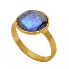 Round Shape Labradorite Gemstone 925 Sterling Silver Gold Plated Ring