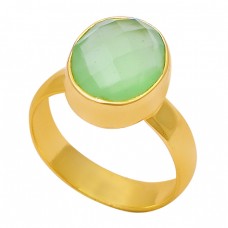 Oval Shape Prehnite Chalcedony Gemstone 925 Silver Gold Plated Ring