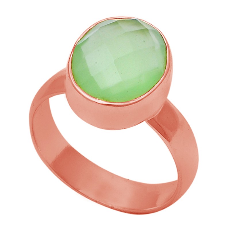 Oval Shape Prehnite Chalcedony Gemstone 925 Silver Gold Plated Ring