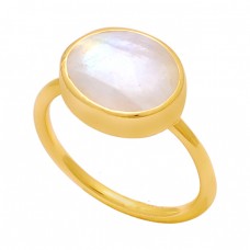 925 Sterling Silver Oval Shape Rainbow Moonstone Gold Plated Ring