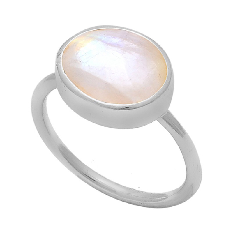 925 Sterling Silver Oval Shape Rainbow Moonstone Gold Plated Ring