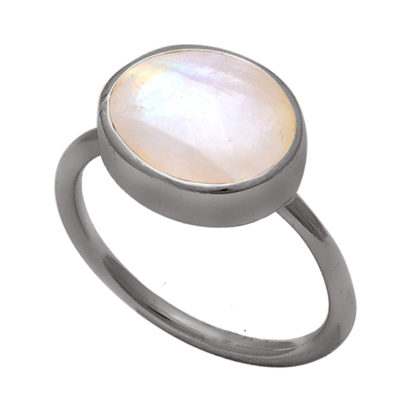 925 Sterling Silver Oval Shape Rainbow Moonstone Gold Plated Ring