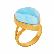 Blue Larimar Gemstone Cabochon Pear Shape 925 Sterling Silver Gold Plated Jewelry Ring