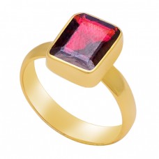 Octagon Shape Red Garnet Gemstone 925 Sterling Silver Gold Plated Ring