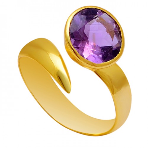 925 Sterling Silver Round Shape Amethyst Gemstone Gold Plated Band Ring