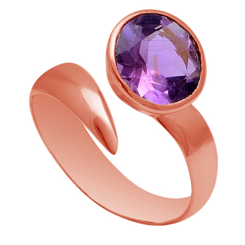 925 Sterling Silver Round Shape Amethyst Gemstone Gold Plated Band Ring