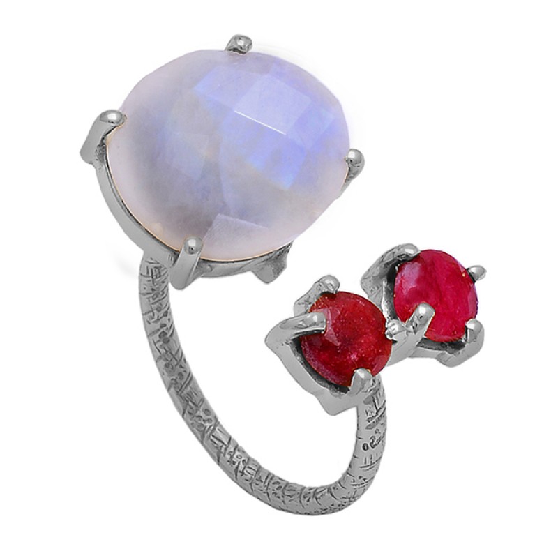 Rainbow Moonstone Ruby 925 Sterling Silver Gold Plated Ring Jewelry