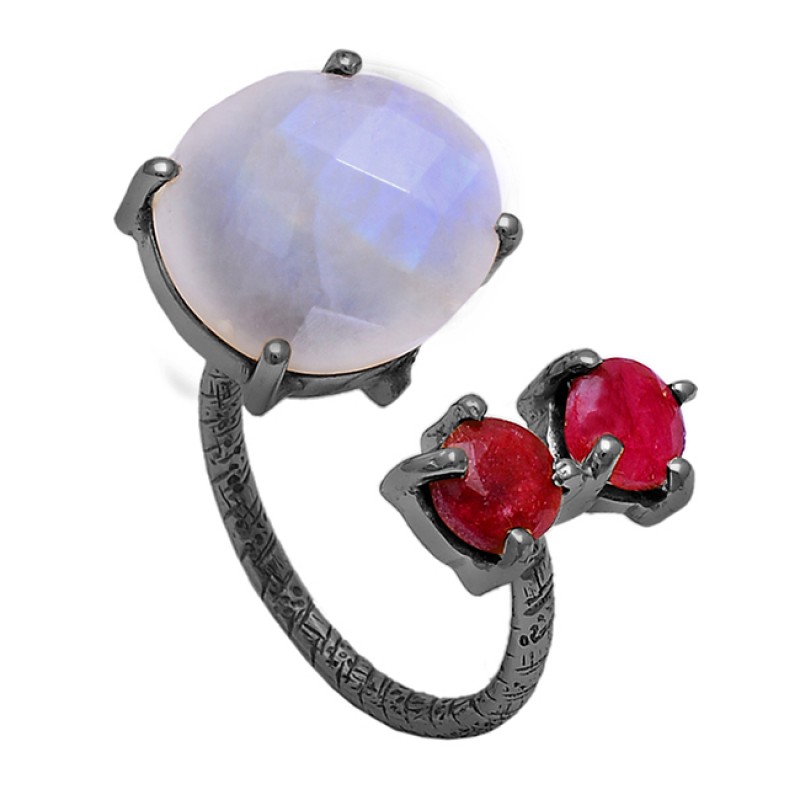 Rainbow Moonstone Ruby 925 Sterling Silver Gold Plated Ring Jewelry