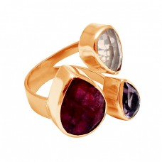 Ruby Rose Quartz Amethyst Gemstone 925 Sterling Silver Gold Plated Ring