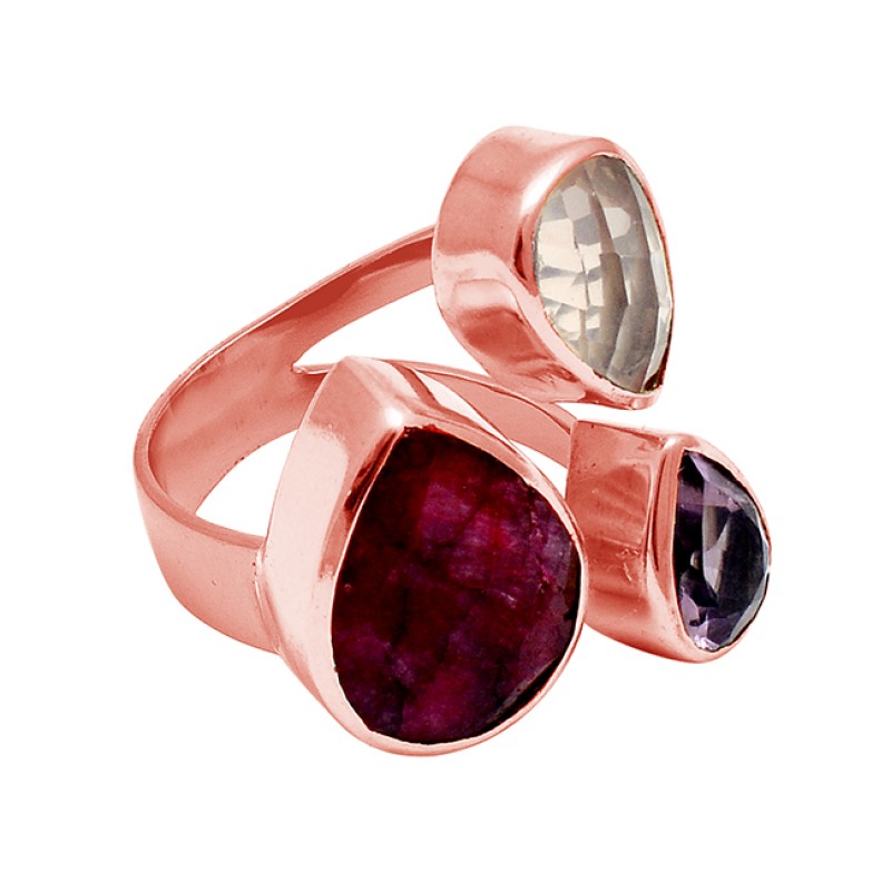 Ruby Rose Quartz Amethyst Gemstone 925 Sterling Silver Gold Plated Ring