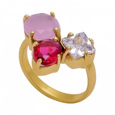 Prong Setting Chalcedony Quartz Cz Gemstone 925 Silver Gold Plated Ring