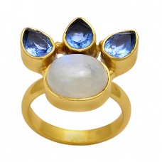 Tanzanite Rainbow Moonstone 925 Sterling Silver Gold Plated Ring Jewelry