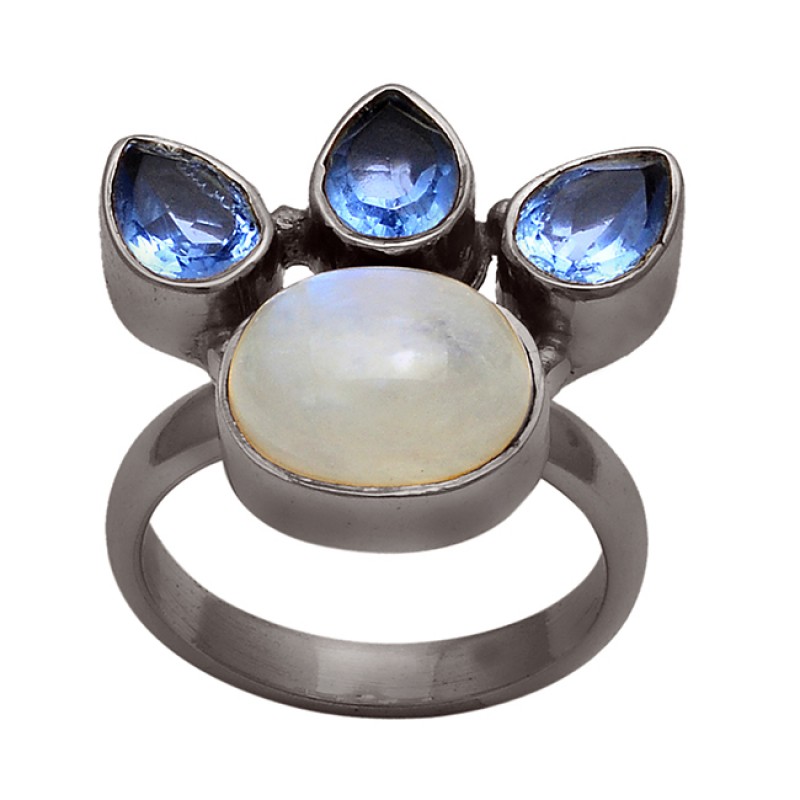 Tanzanite Rainbow Moonstone 925 Sterling Silver Gold Plated Ring Jewelry