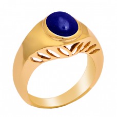 Oval Shape Lapis Lazuli Gemstone 925 Sterling Silver Gold Plated Ring