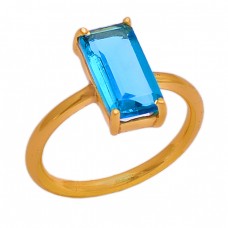 925 Sterling Silver Rectangle Shape Blue Topaz Gemstone Gold Plated Ring
