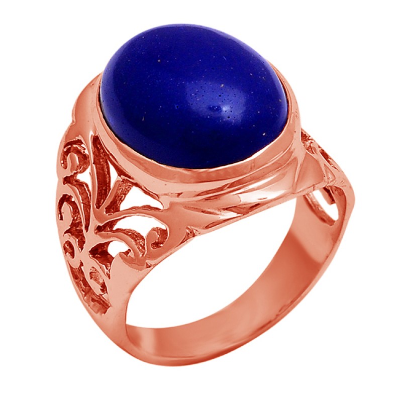 925 Sterling Silver Oval Shape Lapis Lazuli Gemstone Gold Plated Ring
