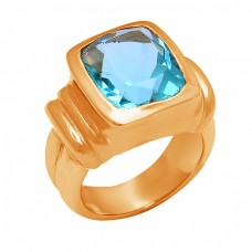Cushion Shape Blue Topaz Gemstone 925 Sterling Silver Gold Plated Ring