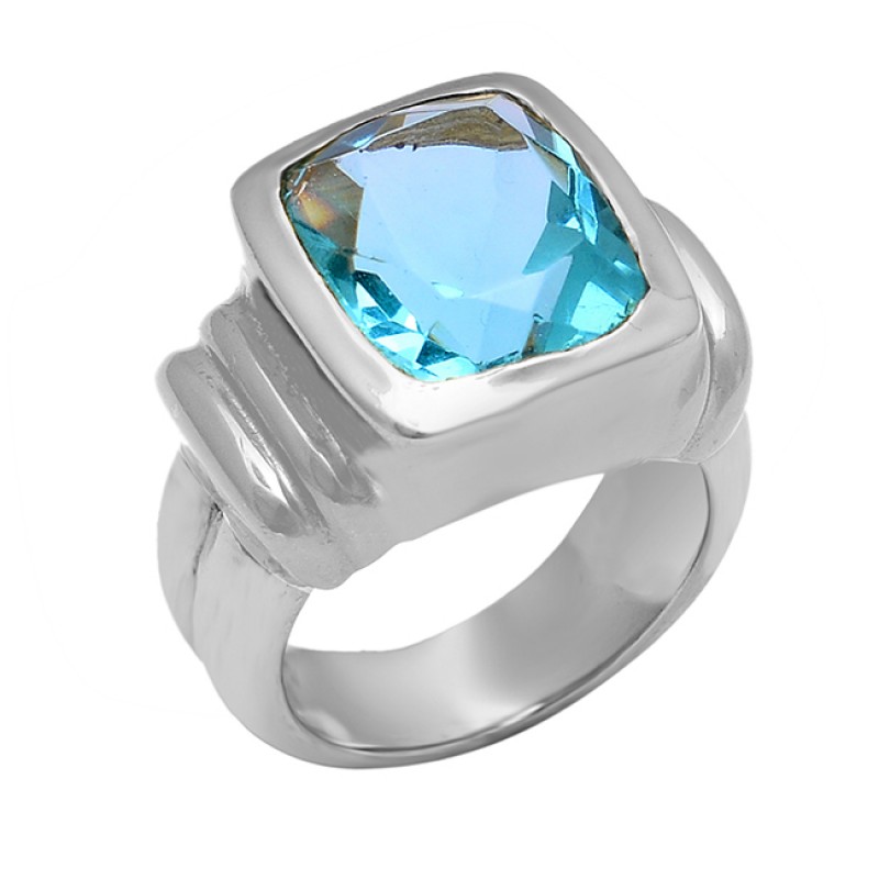 Cushion Shape Blue Topaz Gemstone 925 Sterling Silver Gold Plated Ring
