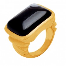 Rectangle Shape Black Onyx Gemstone 925 Sterling Silver Gold Plated Jewelry Ring
