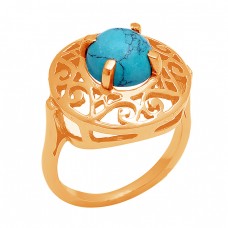 Round Cabochon Turquoise Gemstone 925 Sterling Silver Gold Plated Ring