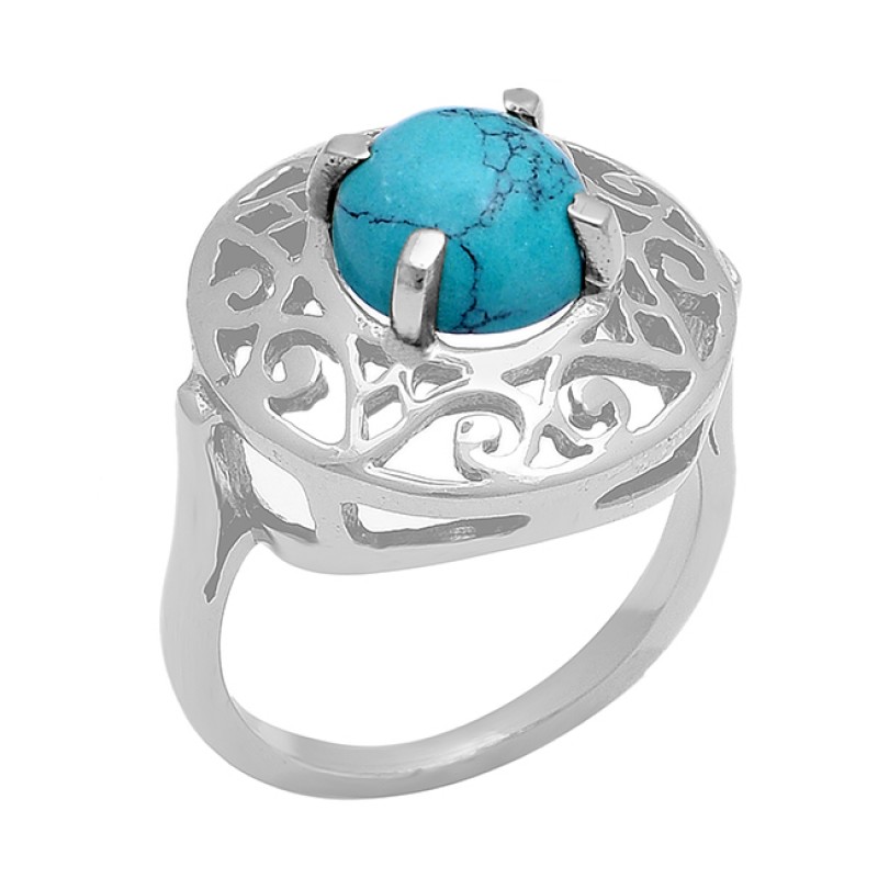 Round Cabochon Turquoise Gemstone 925 Sterling Silver Gold Plated Ring