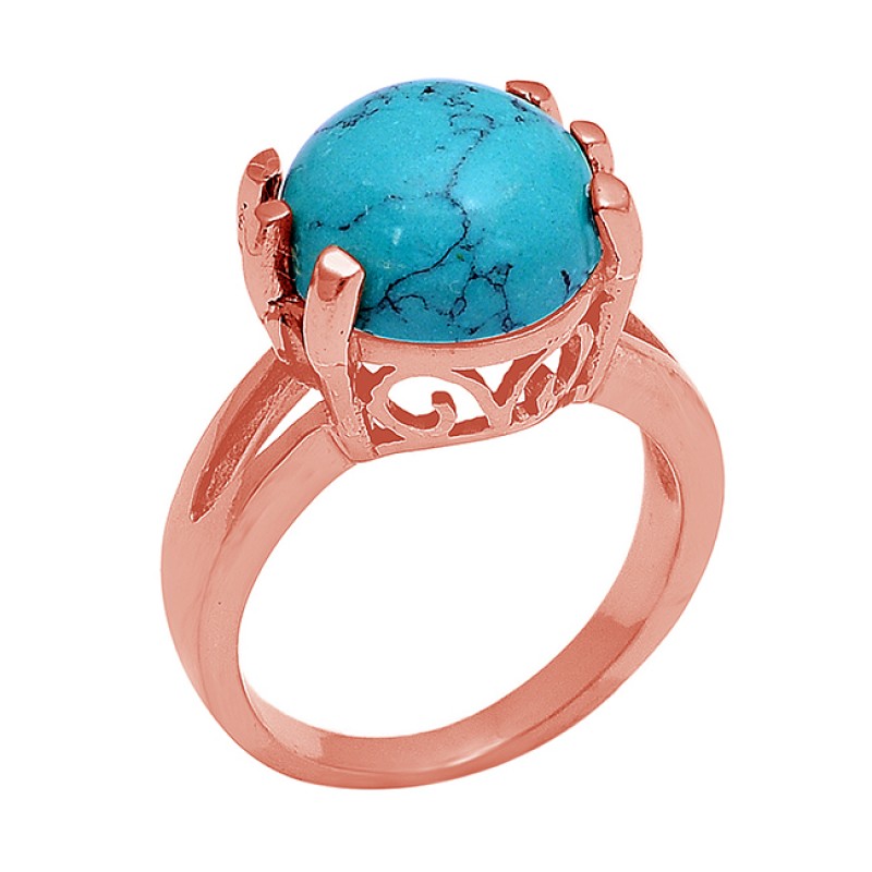 Prong Setting Round Shape Turquoise Gemstone 925 Sterling Silver Ring