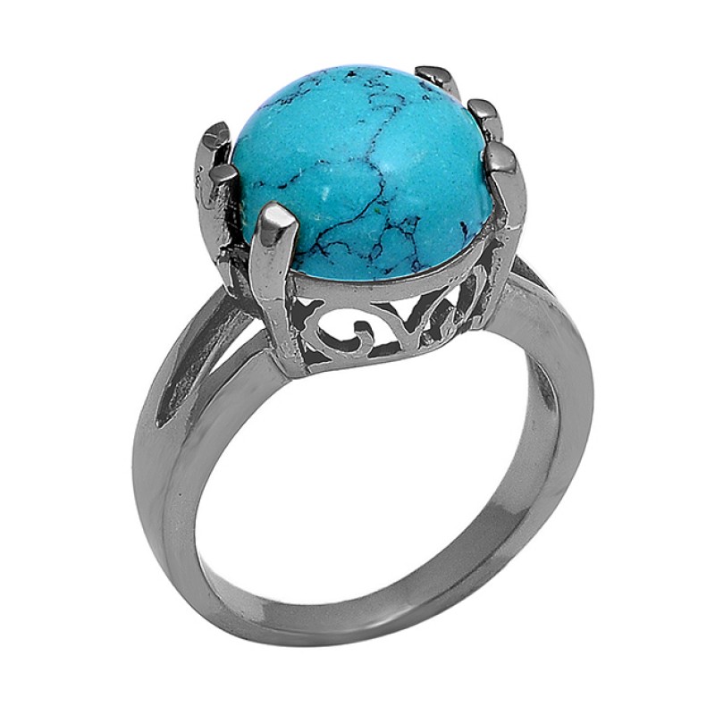 Prong Setting Round Shape Turquoise Gemstone 925 Sterling Silver Ring