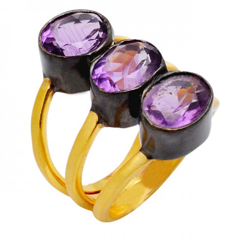Faceted Oval Amethyst Gemstone Handmade 925 Sterling Silver Gold Plated Ring Jewelry