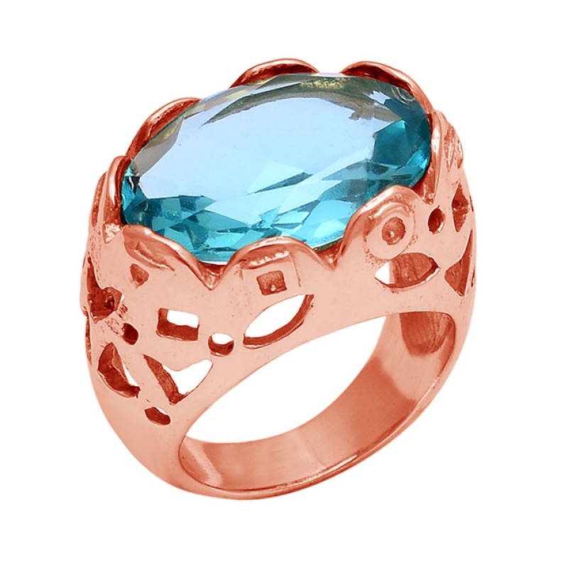 Filigree Style Designer Blue Topaz Gemstone Gold Plated Ring Jewelry