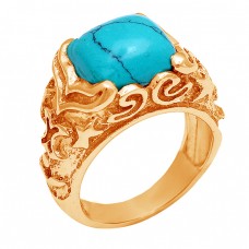 Cushion Shape Turquoise Gemstone 925 Sterling Silver Gold Plated Ring