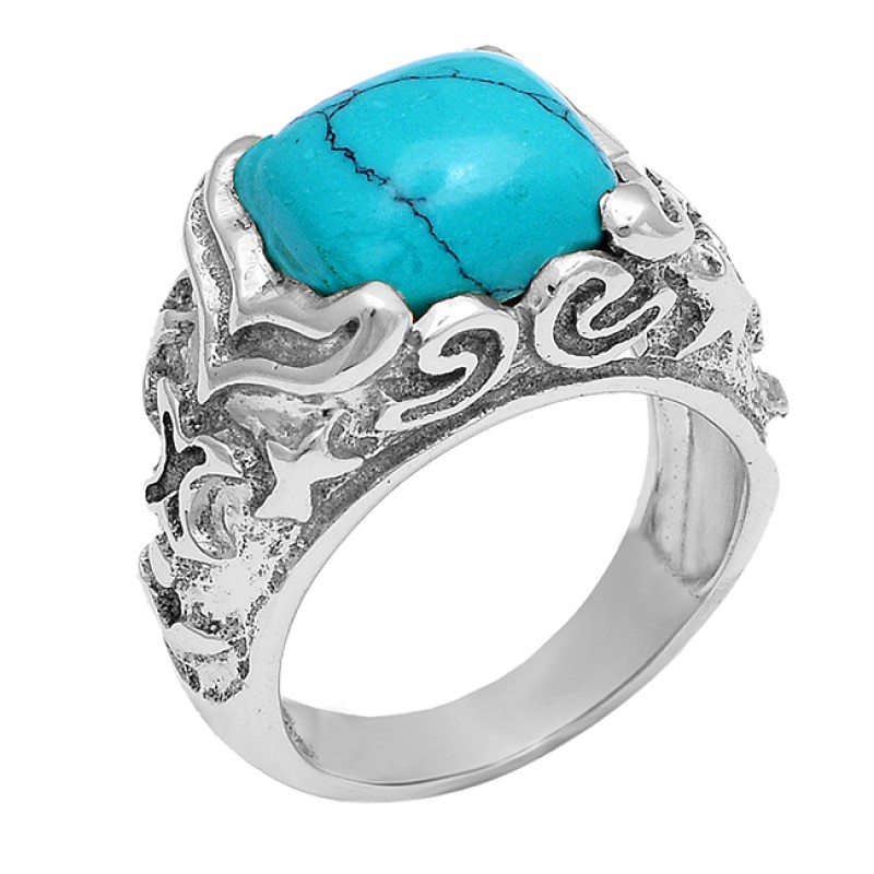 Cushion Shape Turquoise Gemstone 925 Sterling Silver Gold Plated Ring