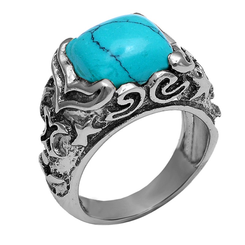 Cushion Shape Turquoise Gemstone 925 Sterling Silver Gold Plated Ring