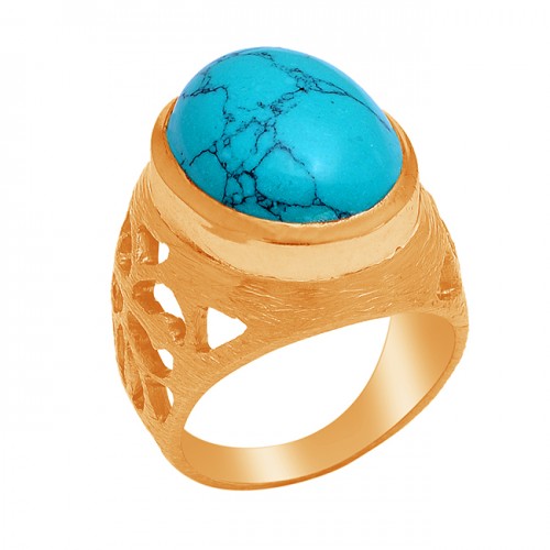 925 Sterling Silver Oval Shape Turquoise Gemstone Gold Plated Ring