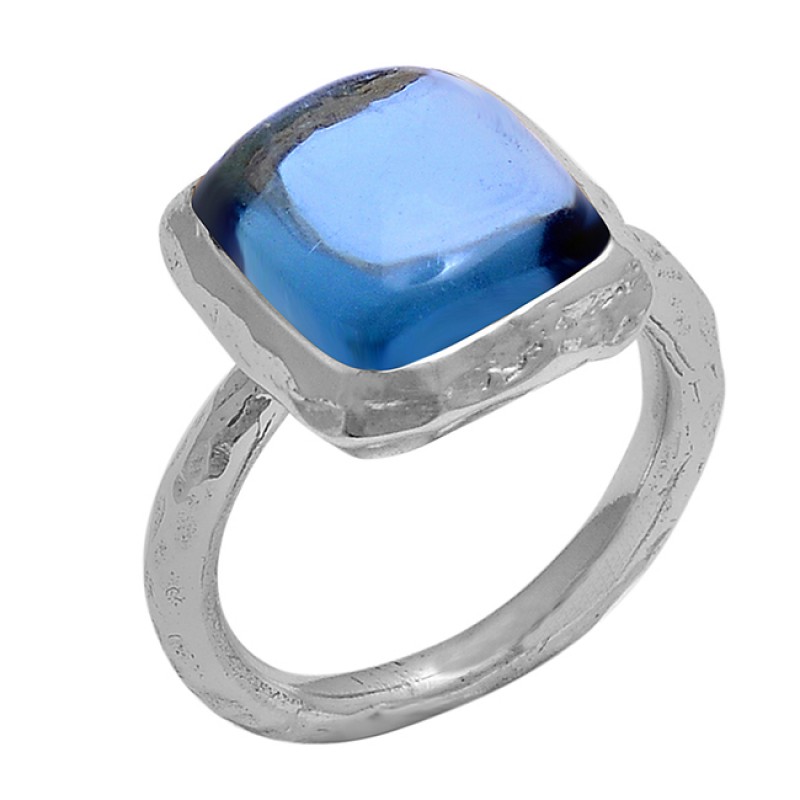Rectangle Shape Blue Quartz Gemtone 925 Sterling Silver Gold Plated Ring