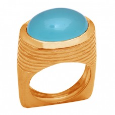 Oval Shape Aqua Chalcedony Gemstone 925 Sterling Silver Gold Plated Ring