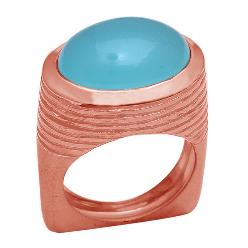 Oval Shape Aqua Chalcedony Gemstone 925 Sterling Silver Gold Plated Ring